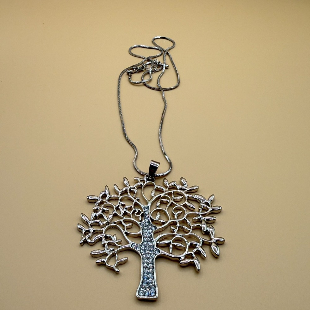 Silver Tone Tree of Life Crystal Pendant Necklace Boho Statement Jewelry GiftSil